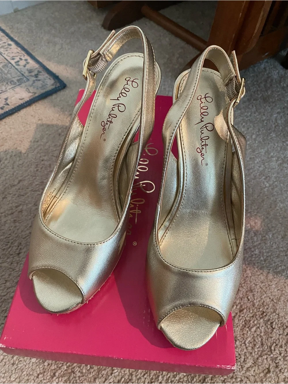 Lilly Pulitzer Gold Peep-Toe Slingback Wedge Heels